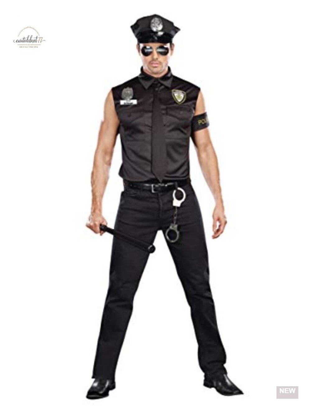 Men's Police Officer Costume Set Sleeveless Collared Shirt Hat Badge Roleplay